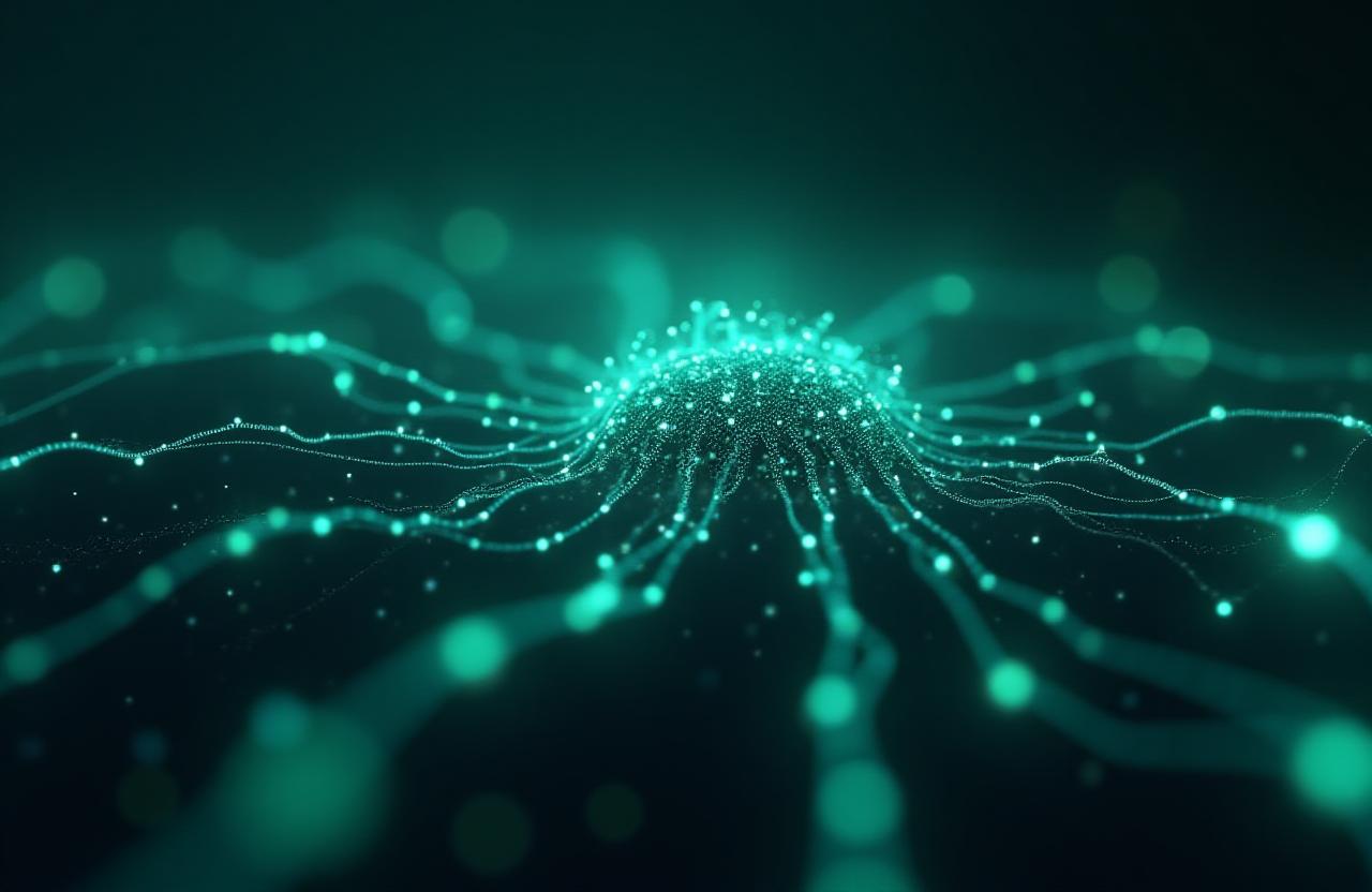 Vizualizare abstractă a unei rețele neuronale simulate de PeakMind AI